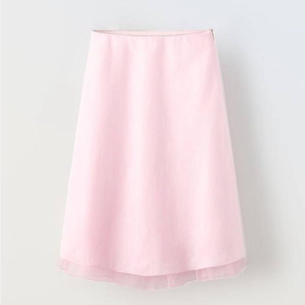 Pink linen skirt with tulle ruffle hem and mini rhinestone detail at the waist